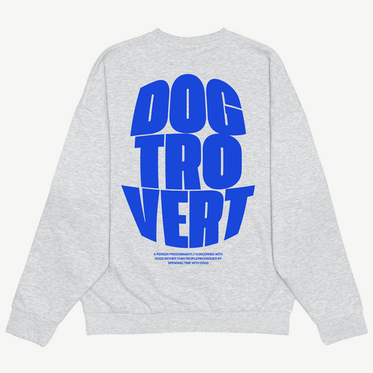 Back of a light grey crewneck with bold blue Dogtrovert lettering stacked in three lines.