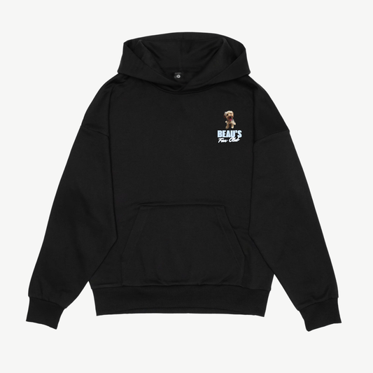 Front of a black hoodie with a small dog portrait and pale blue Bear’s Fan Club chest print.
