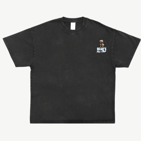 Front of a black tee with a small dog portrait and pale blue Bear’s Fan Club chest print.