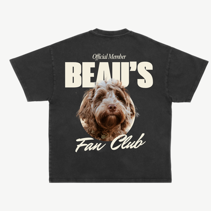 Back of a black Fan Club Tee featuring Beau’s dog portrait and cream lettering.