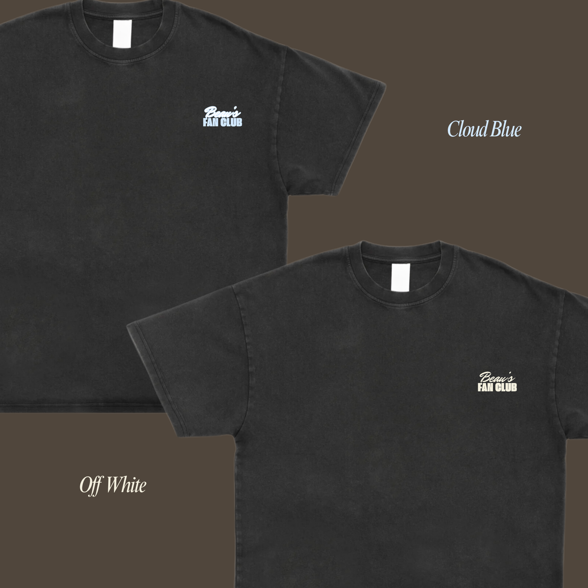 Two black tee fronts showing small personalised Fan Club chest lettering in cloud blue and off-white.
