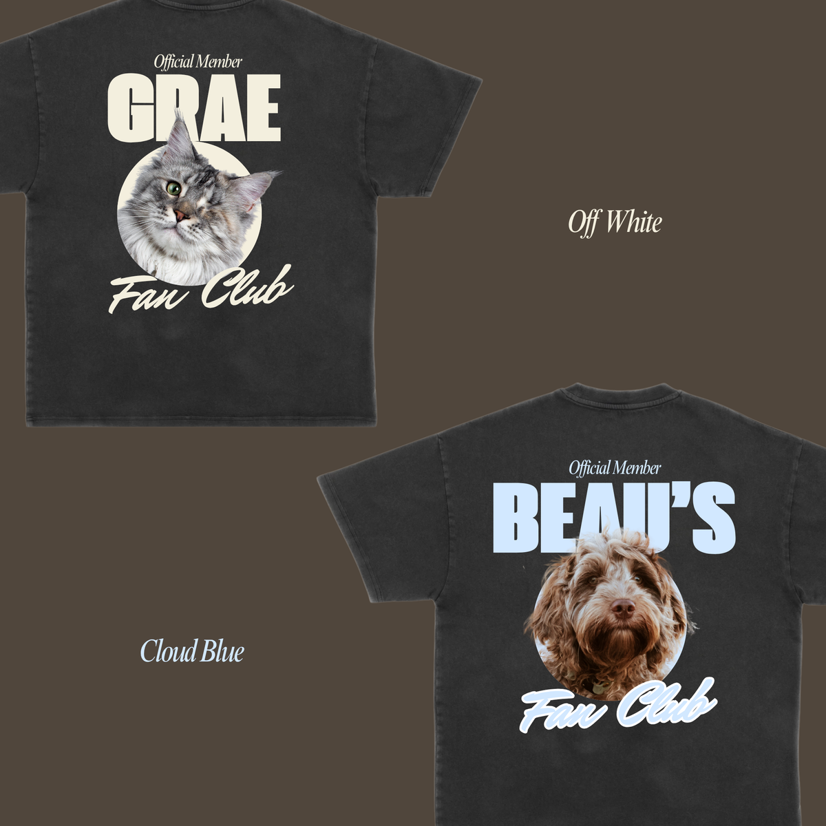 Two black tee backs showing a cat portrait with off-white Fan Club lettering and a dog portrait with cloud blue lettering.