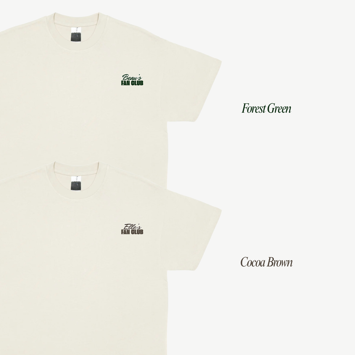 Two cream tee fronts showing small personalised Fan Club chest lettering in forest green and cocoa brown.