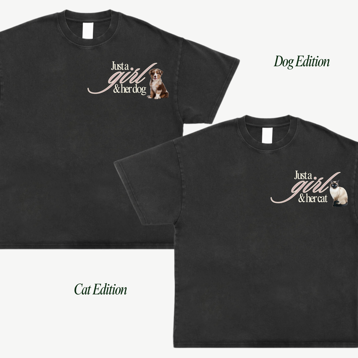 Two black custom tee fronts showing “Just a girl & her dog” and “Just a girl & her cat” chest designs with pet portraits.
