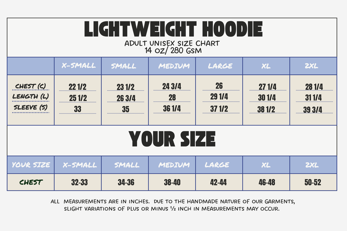 Lightweight hoodie size chart listing adult unisex sizes XS to 2XL, garment chest, length and sleeve measurements, and recommended body chest measurements in inches.