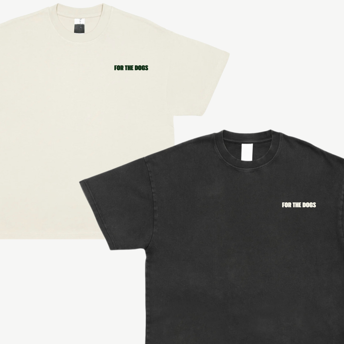 Cream and black tee fronts showing small contrasting For The Dogs chest logos.