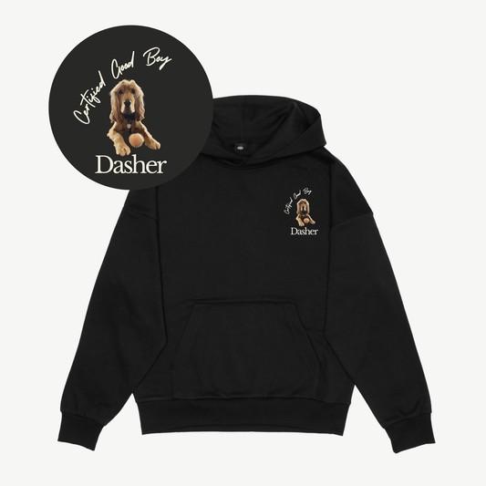 Front of a black hoodie with Dasher’s small dog portrait and “Certified Good Boy” chest print, plus an enlarged view of the design.