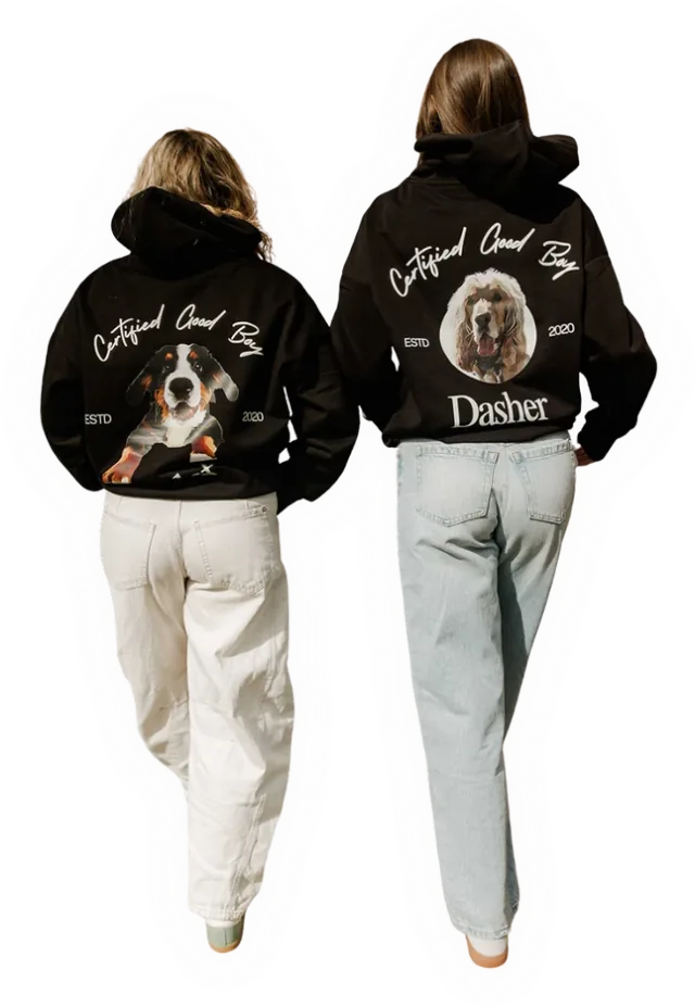 Two people wearing custom dog portrait shirts