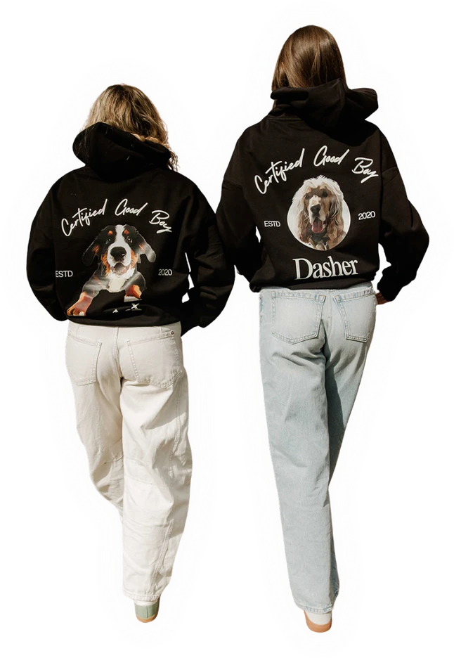 Two people wearing custom dog portrait shirts